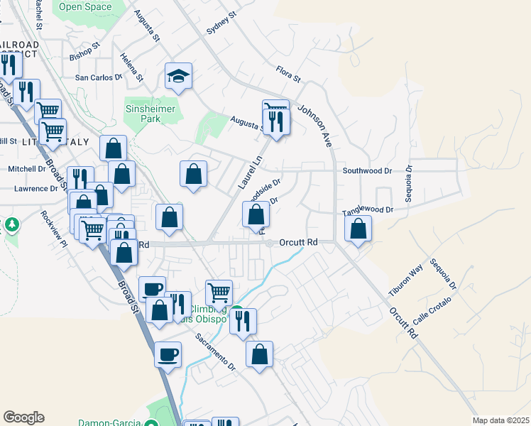 map of restaurants, bars, coffee shops, grocery stores, and more near 1215 Fernwood Drive in San Luis Obispo