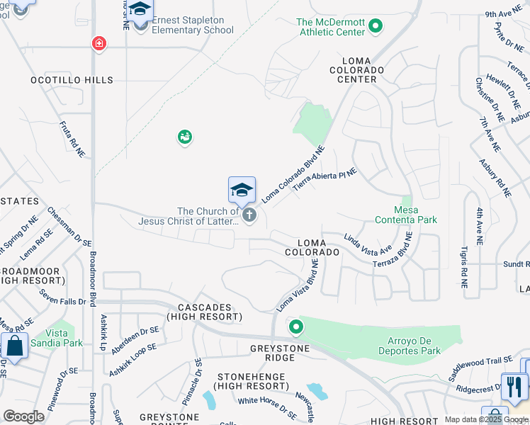 map of restaurants, bars, coffee shops, grocery stores, and more near 3513 Tierra Abierta Place Northeast in Rio Rancho