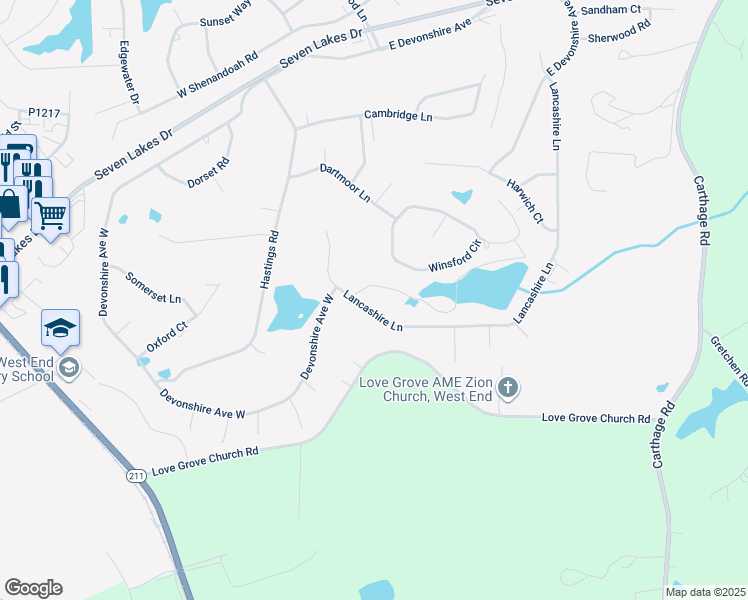 map of restaurants, bars, coffee shops, grocery stores, and more near 160 Lancashire Lane in Seven Lakes