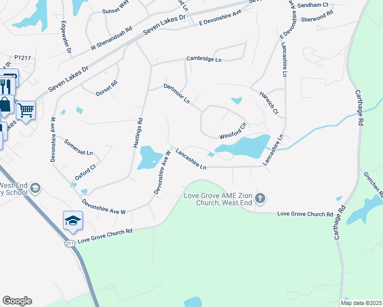 map of restaurants, bars, coffee shops, grocery stores, and more near 160 Lancashire Lane in Seven Lakes