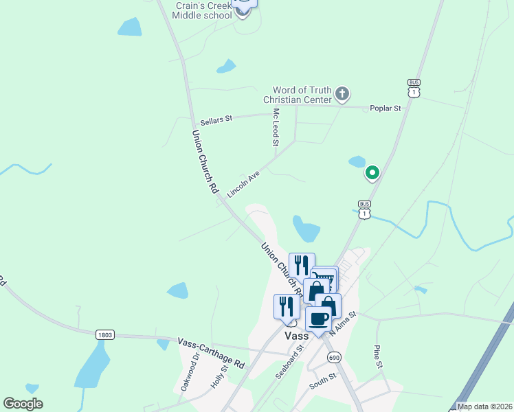 map of restaurants, bars, coffee shops, grocery stores, and more near 55 Bynum Court in Carthage