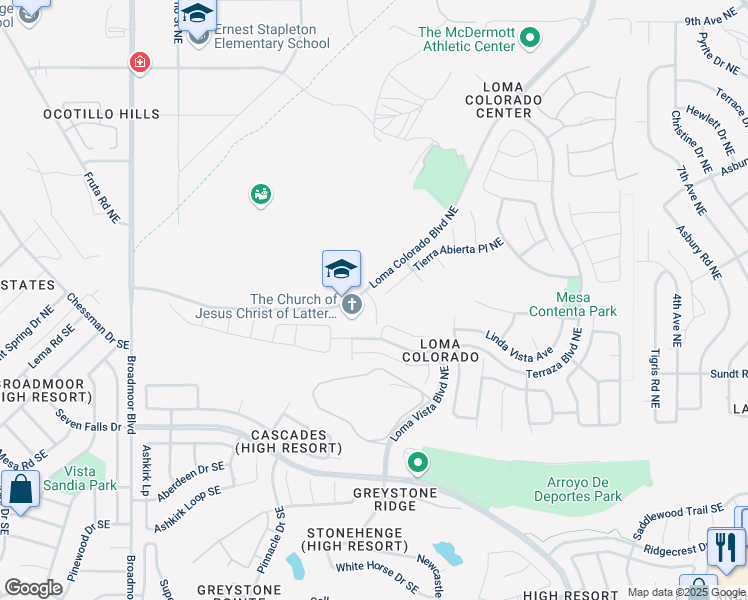 map of restaurants, bars, coffee shops, grocery stores, and more near 3513 Tierra Abierta Place Northeast in Rio Rancho