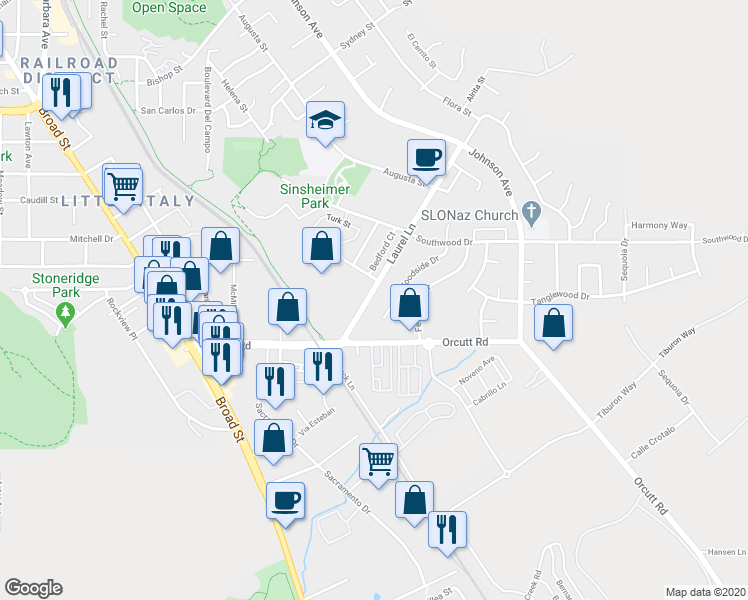 map of restaurants, bars, coffee shops, grocery stores, and more near 1155 Laurel Lane in San Luis Obispo