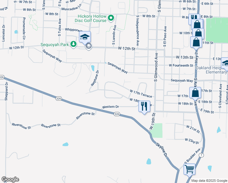 map of restaurants, bars, coffee shops, grocery stores, and more near 1005 West 17th Terrace in Russellville