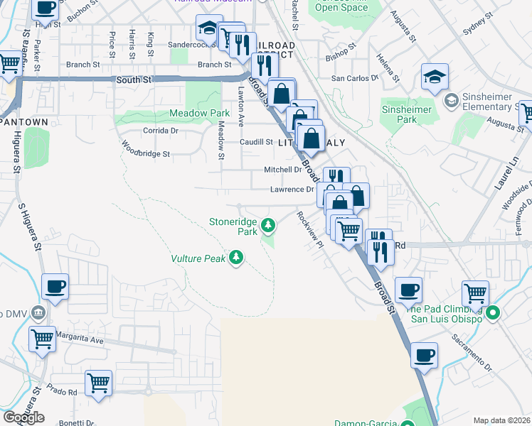 map of restaurants, bars, coffee shops, grocery stores, and more near 540 Mason Way in San Luis Obispo