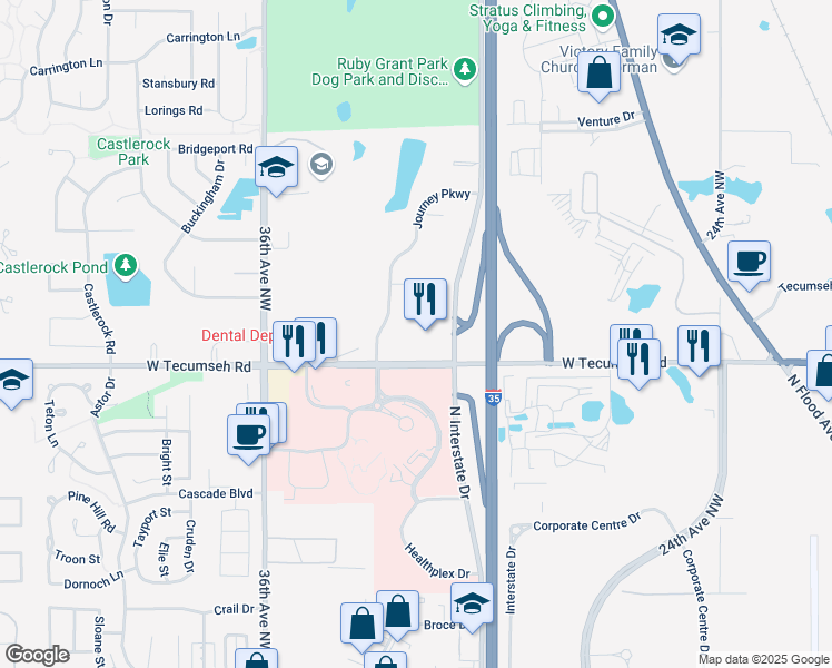 map of restaurants, bars, coffee shops, grocery stores, and more near 3151 West Tecumseh Road in Norman