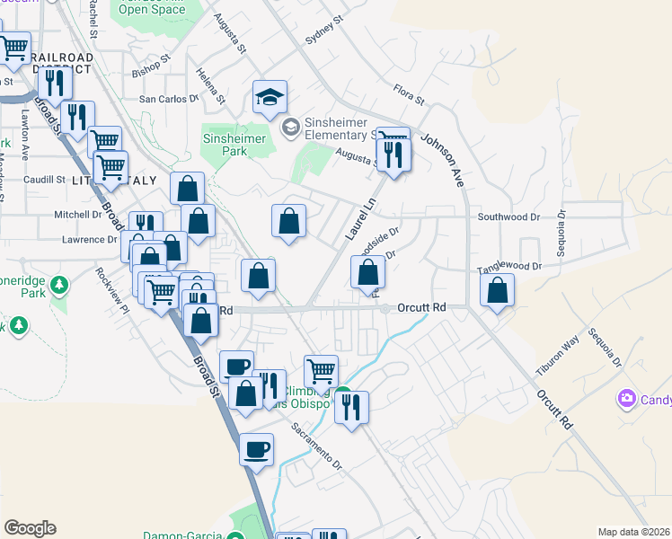map of restaurants, bars, coffee shops, grocery stores, and more near 1155 Laurel Lane in San Luis Obispo