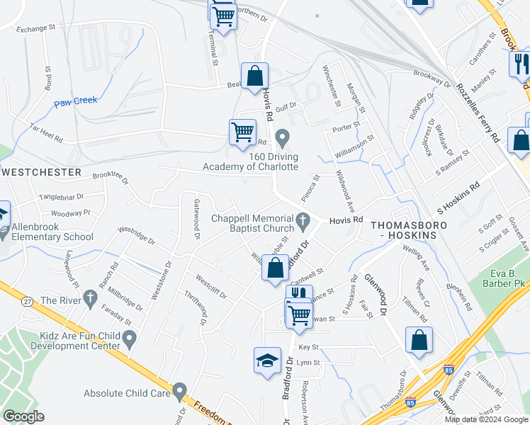map of restaurants, bars, coffee shops, grocery stores, and more near 831 Interurban Avenue in Charlotte