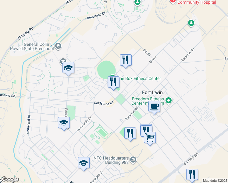 map of restaurants, bars, coffee shops, grocery stores, and more near 109 Langford Lake Road in Fort Irwin
