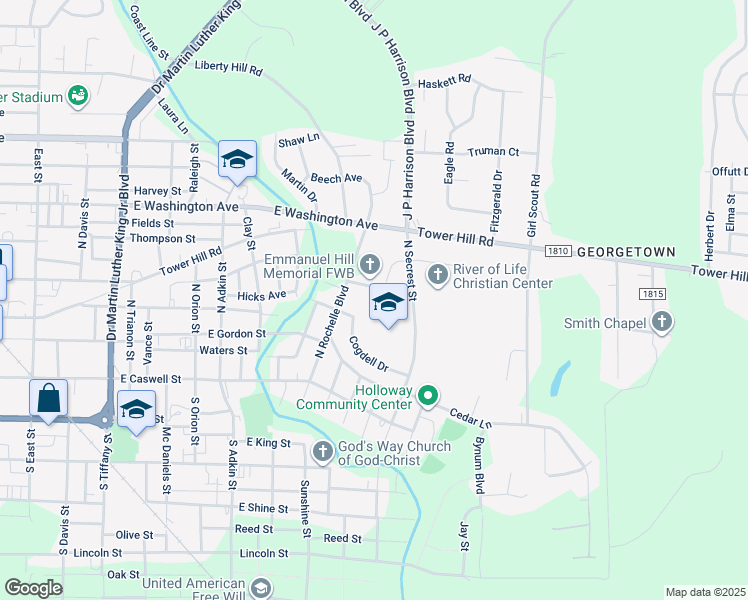 map of restaurants, bars, coffee shops, grocery stores, and more near 301 North Rochelle Boulevard in Kinston