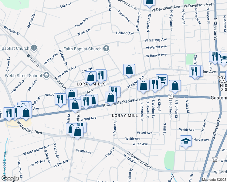 map of restaurants, bars, coffee shops, grocery stores, and more near 214 North Vance Street in Gastonia