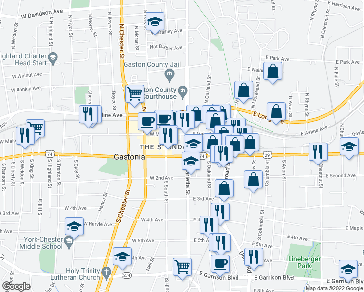 map of restaurants, bars, coffee shops, grocery stores, and more near 145 South Marietta Street in Gastonia