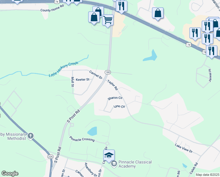 map of restaurants, bars, coffee shops, grocery stores, and more near 2022 Taylor Road in Shelby