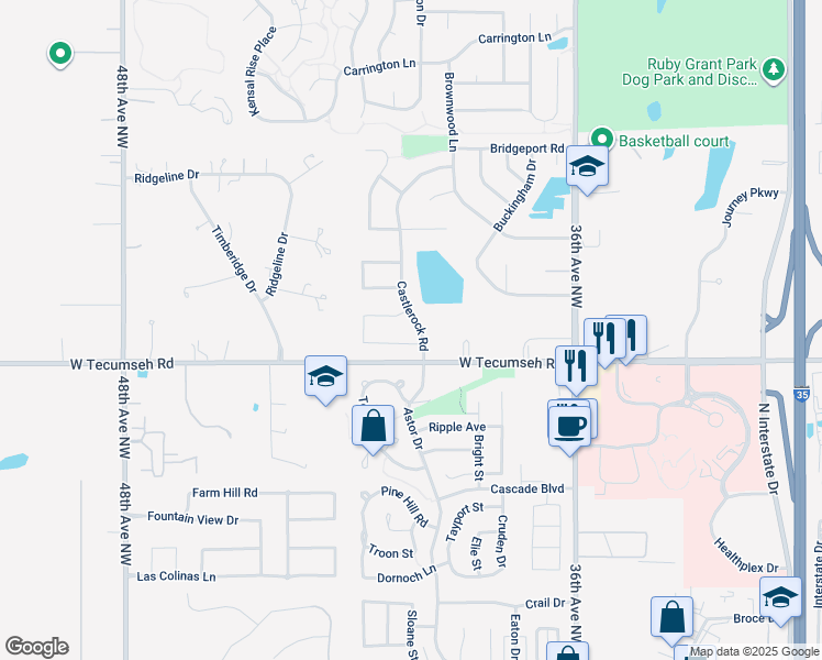 map of restaurants, bars, coffee shops, grocery stores, and more near 3704 Castlerock Road in Norman