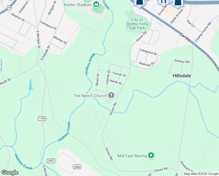 map of restaurants, bars, coffee shops, grocery stores, and more near 1622 Lincoln Drive in Shelby
