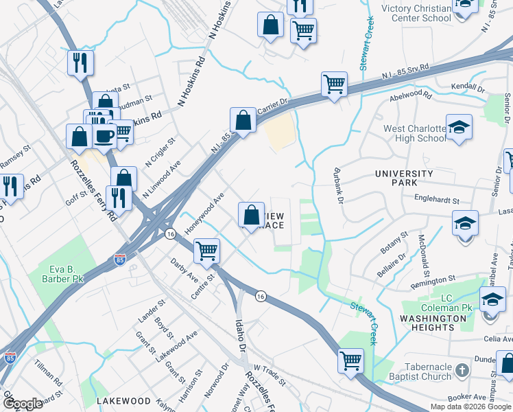 map of restaurants, bars, coffee shops, grocery stores, and more near 3410 Tennessee Avenue in Charlotte