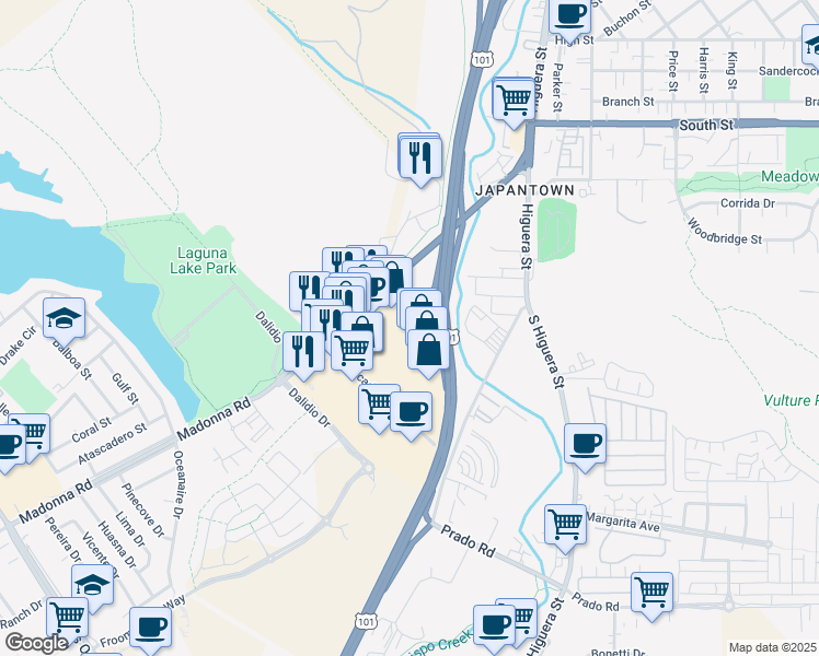 map of restaurants, bars, coffee shops, grocery stores, and more near 273 Madonna Road in San Luis Obispo
