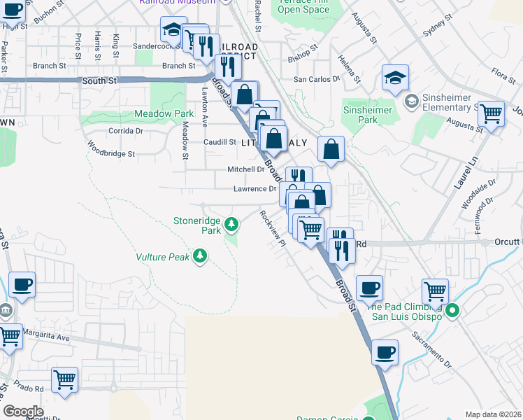 map of restaurants, bars, coffee shops, grocery stores, and more near 592 Stoneridge Drive in San Luis Obispo