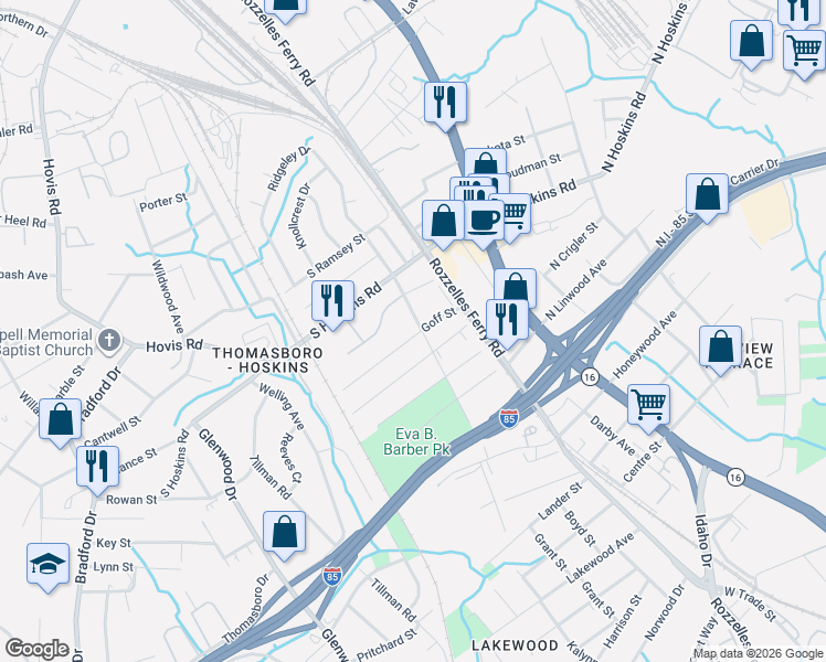 map of restaurants, bars, coffee shops, grocery stores, and more near 130 South Goff Street in Charlotte
