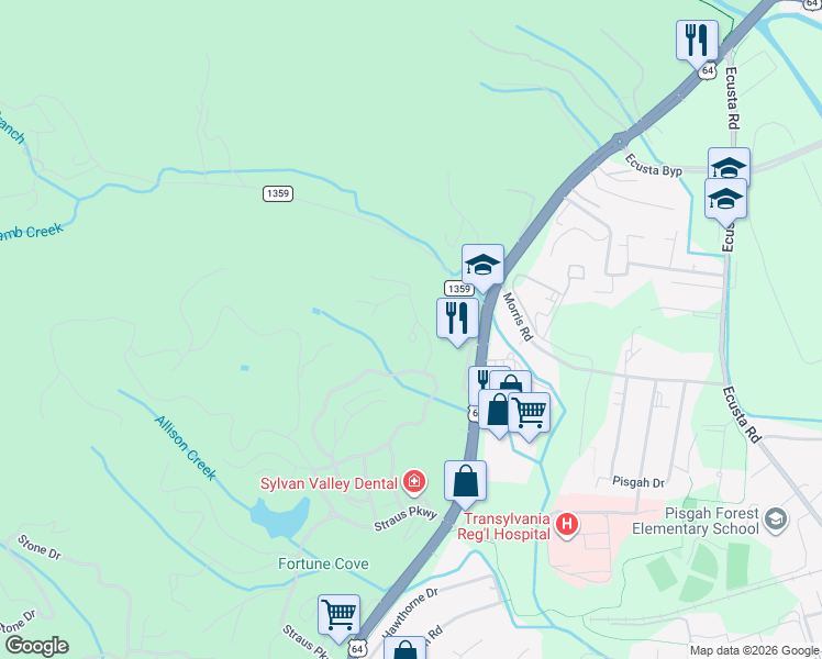 map of restaurants, bars, coffee shops, grocery stores, and more near 24 Timber Trace in Brevard