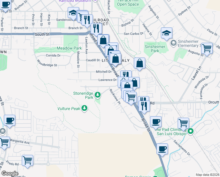 map of restaurants, bars, coffee shops, grocery stores, and more near 592 Stoneridge Drive in San Luis Obispo