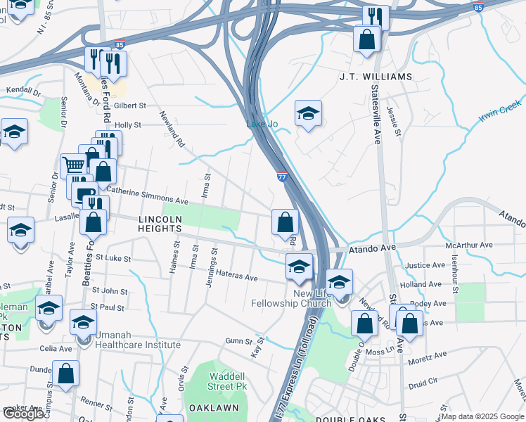 map of restaurants, bars, coffee shops, grocery stores, and more near 1704 Newland Road in Charlotte