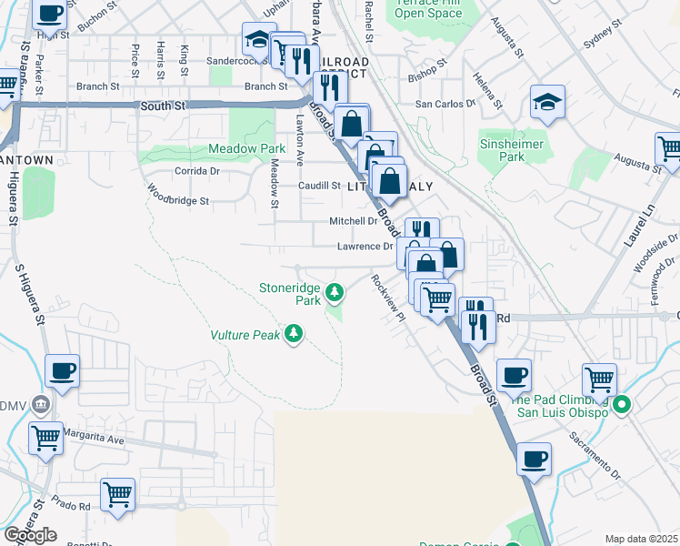 map of restaurants, bars, coffee shops, grocery stores, and more near 544 Stoneridge Drive in San Luis Obispo