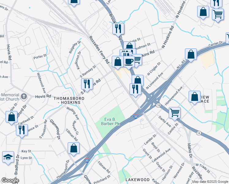 map of restaurants, bars, coffee shops, grocery stores, and more near 130 South Goff Street in Charlotte