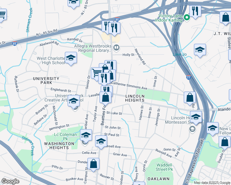 map of restaurants, bars, coffee shops, grocery stores, and more near 2200 Lasalle Street in Charlotte