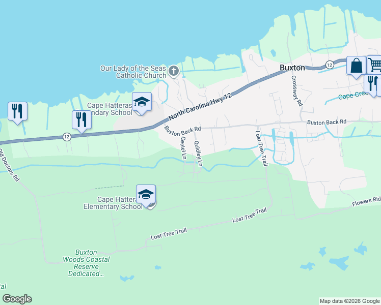 map of restaurants, bars, coffee shops, grocery stores, and more near 48241 Quidley Lane in Buxton