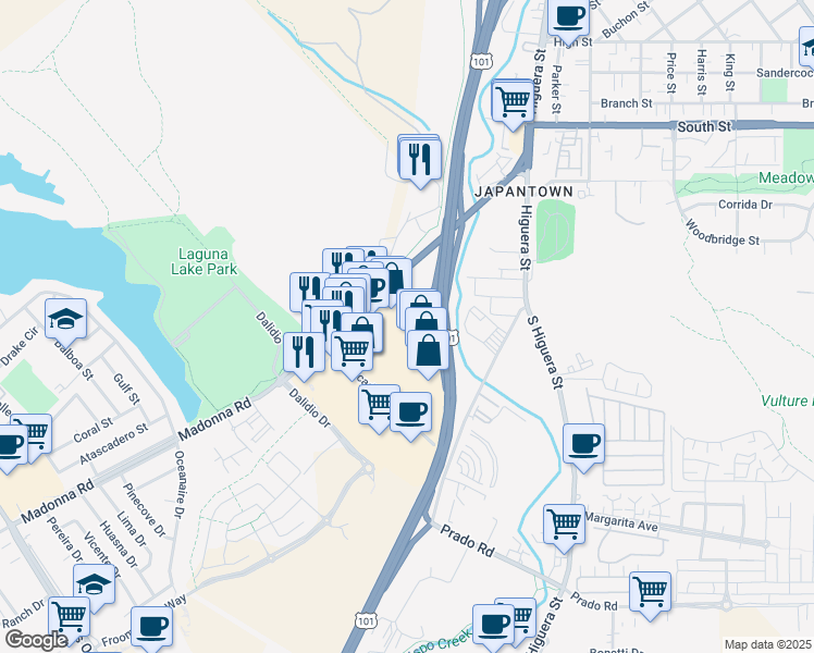 map of restaurants, bars, coffee shops, grocery stores, and more near 205 Madonna Road in San Luis Obispo