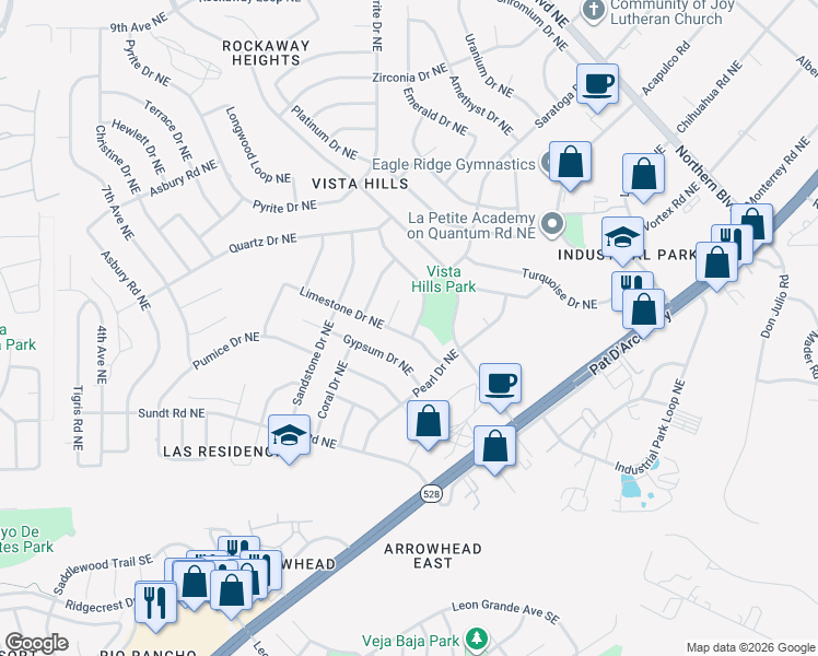 map of restaurants, bars, coffee shops, grocery stores, and more near 351 Copper Drive Northeast in Rio Rancho