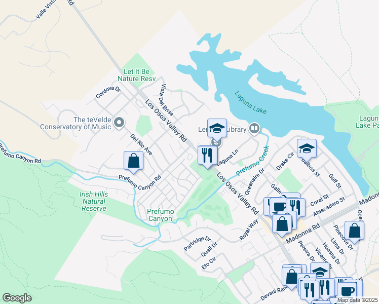 map of restaurants, bars, coffee shops, grocery stores, and more near 1445 Prefumo Canyon Road in San Luis Obispo