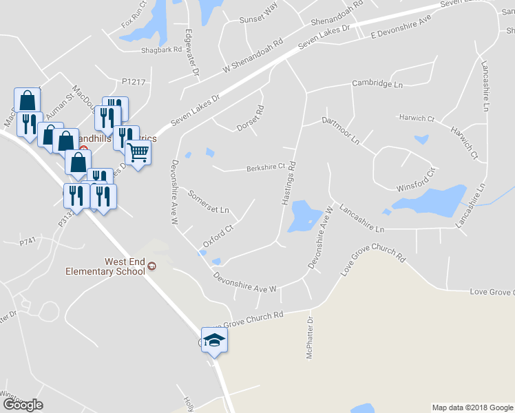 map of restaurants, bars, coffee shops, grocery stores, and more near 120 Oxford Court in Seven Lakes
