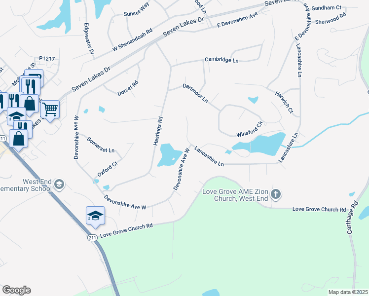 map of restaurants, bars, coffee shops, grocery stores, and more near 253 Devonshire Avenue West in Seven Lakes