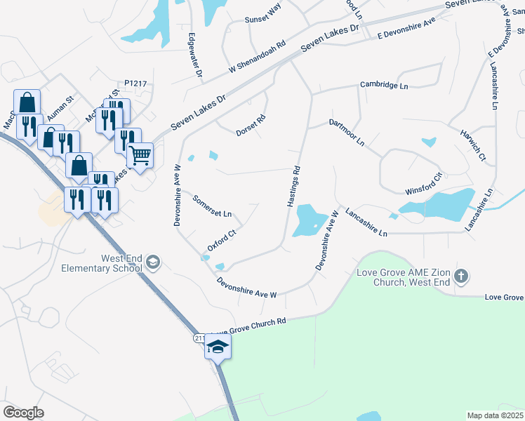 map of restaurants, bars, coffee shops, grocery stores, and more near 120 Oxford Court in Seven Lakes