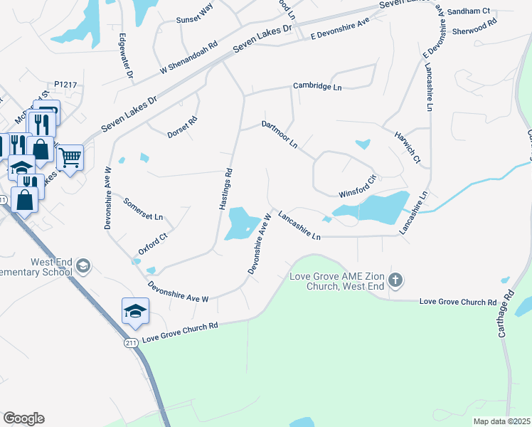 map of restaurants, bars, coffee shops, grocery stores, and more near 253 Devonshire Avenue West in Seven Lakes