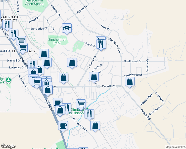 map of restaurants, bars, coffee shops, grocery stores, and more near 1231 Woodside Drive in San Luis Obispo