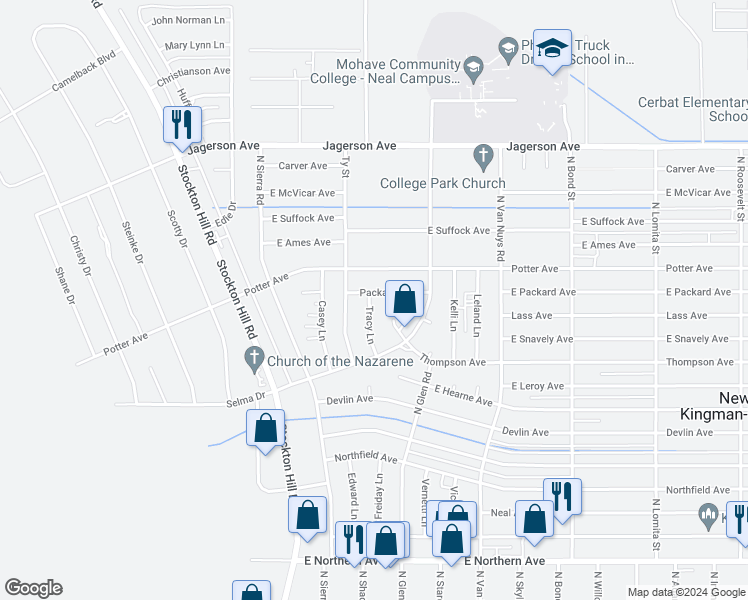 map of restaurants, bars, coffee shops, grocery stores, and more near 4796 Tracy Lane in Kingman
