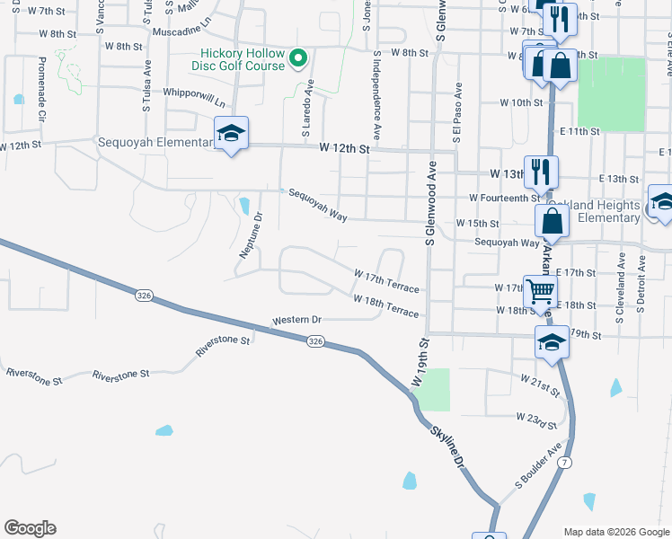 map of restaurants, bars, coffee shops, grocery stores, and more near 906 West 17th Terrace in Russellville