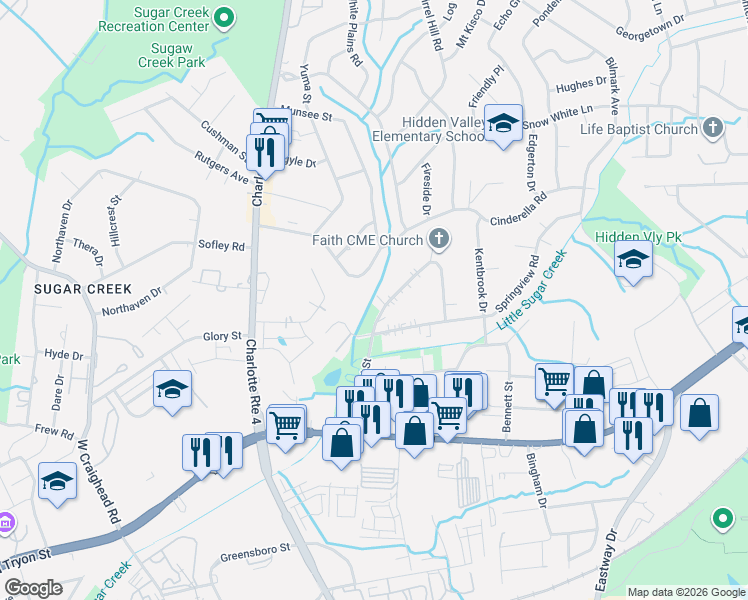 map of restaurants, bars, coffee shops, grocery stores, and more near 4606 Cinderella Road in Charlotte
