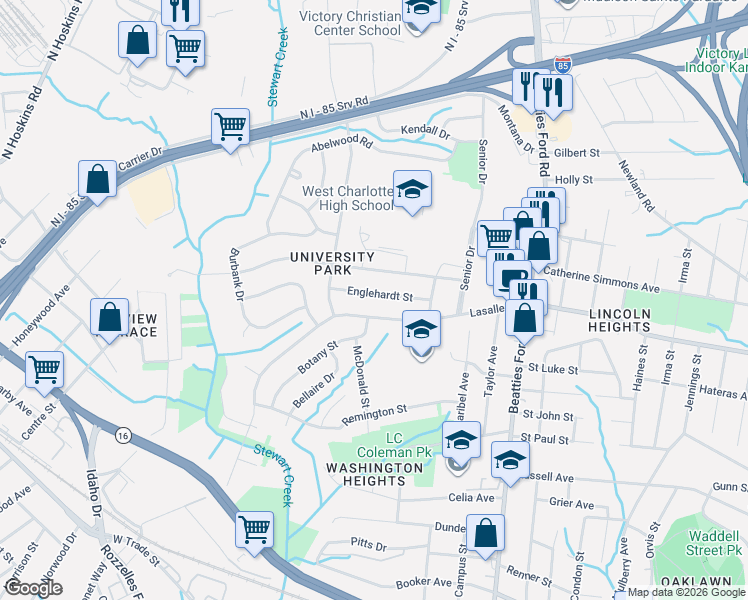 map of restaurants, bars, coffee shops, grocery stores, and more near 2732 Englehardt Street in Charlotte