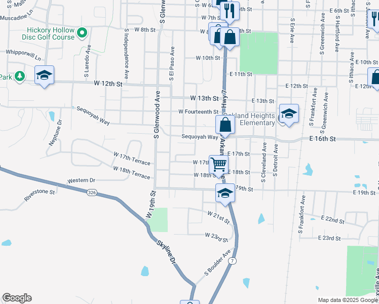 map of restaurants, bars, coffee shops, grocery stores, and more near 7 West 16th Place in Russellville
