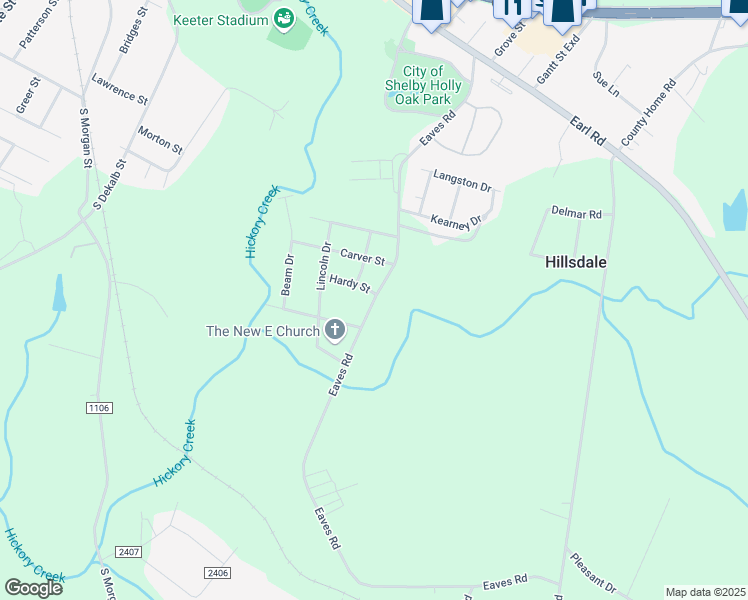 map of restaurants, bars, coffee shops, grocery stores, and more near 1626 Eaves Road in Shelby