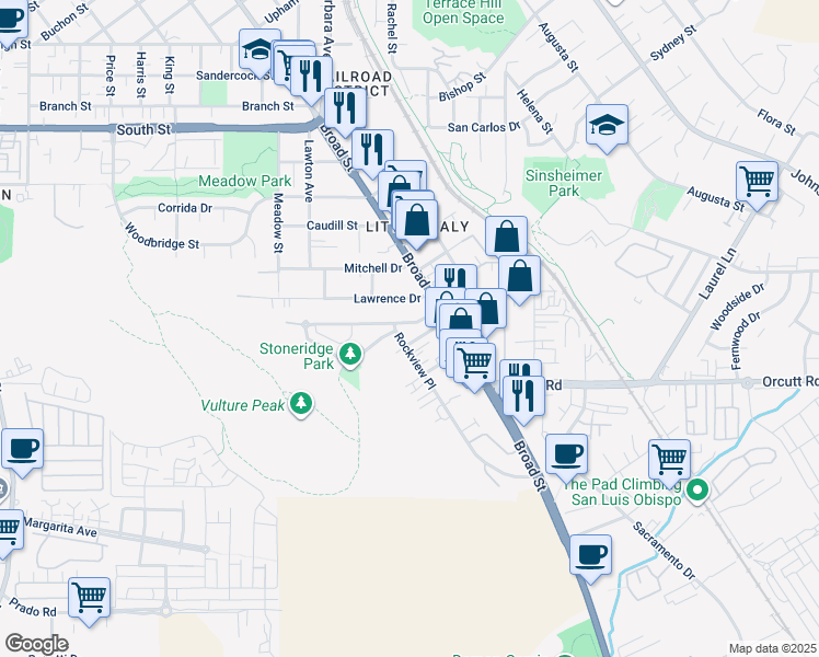 map of restaurants, bars, coffee shops, grocery stores, and more near 675 Stoneridge Drive in San Luis Obispo