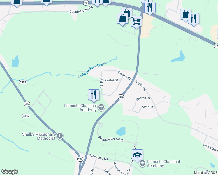 map of restaurants, bars, coffee shops, grocery stores, and more near 213 Keeter Street in Shelby