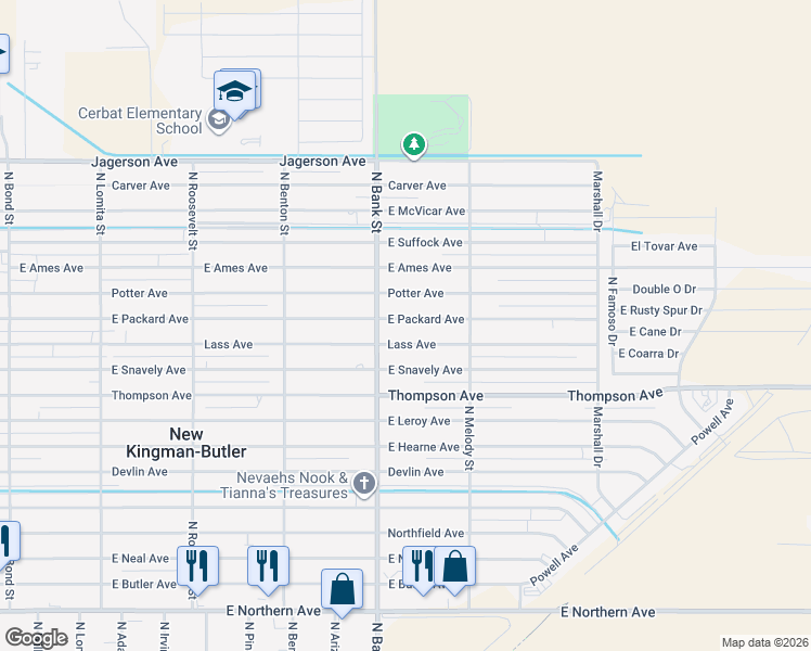 map of restaurants, bars, coffee shops, grocery stores, and more near 3029 East Packard Avenue in Kingman