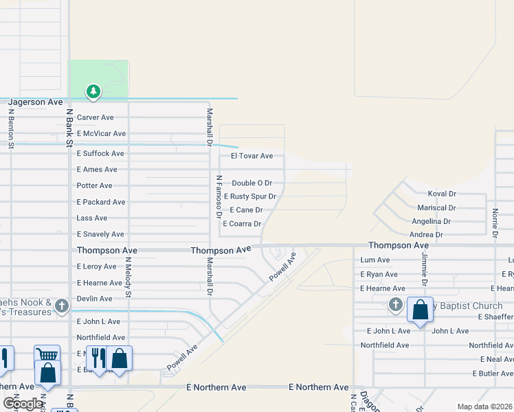map of restaurants, bars, coffee shops, grocery stores, and more near 3326 East Rusty Spur Drive in Kingman