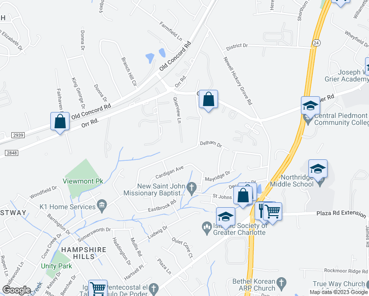 map of restaurants, bars, coffee shops, grocery stores, and more near 7115 Covecreek Drive in Charlotte