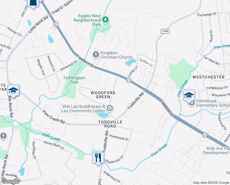 map of restaurants, bars, coffee shops, grocery stores, and more near 1607 Teddington Drive in Charlotte
